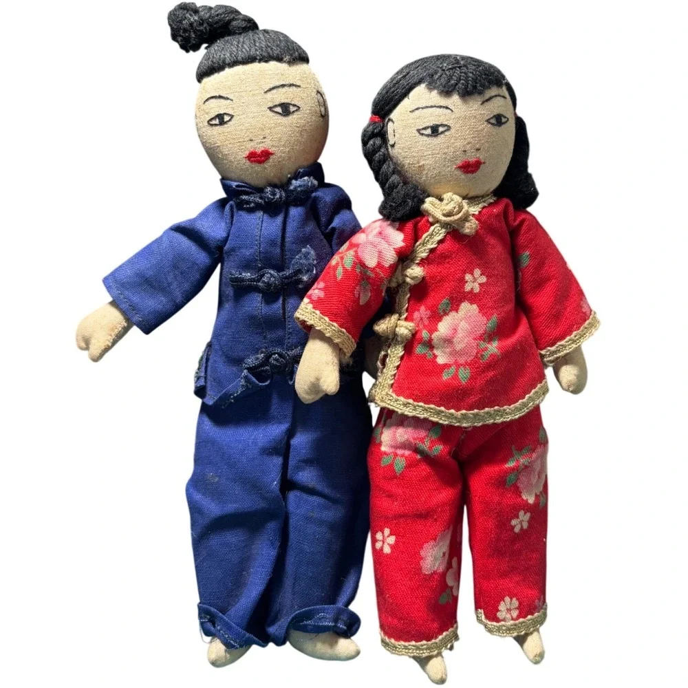 Vintage Chinese Cloth Dolls Pair Traditional Samfu Cheongsam Folk Art Blue‎ Red